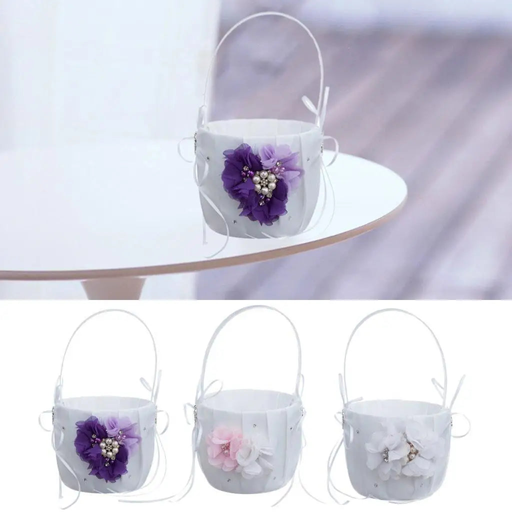 Wedding Bowknot Faux Pearl Flower Girl Basket With Heart Shape Decor Pink
