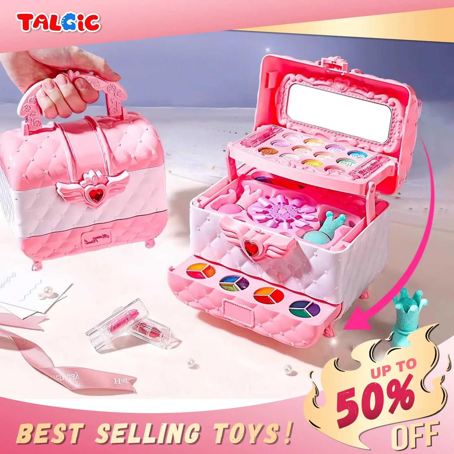 Multi-Layered Foldable Makeup Set for Kids Pretend Play Cosmetic Set for Girls, Learning and Education Toys with Box for Birthda