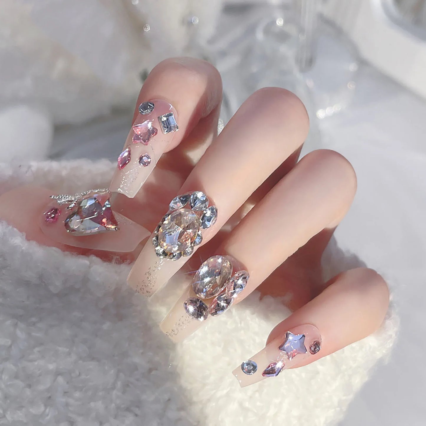 French False Nail for Women Coffin White Tips Artificial Nail with Star Pattern for Women and Girl Nail Salon at Home Portable