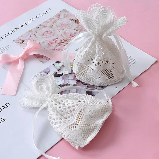 White Lace Drawstring Favor Bags for Wedding Party Favors Bridal Shower Baby Shower and Special Events - Pack of 50