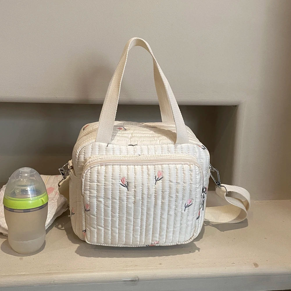 Bear/Flower Quilted Utility Tote Bag Multifunctional Travel Diaper Tote Adjustable Strap Crossbody Maternity Bag Luggage Bag