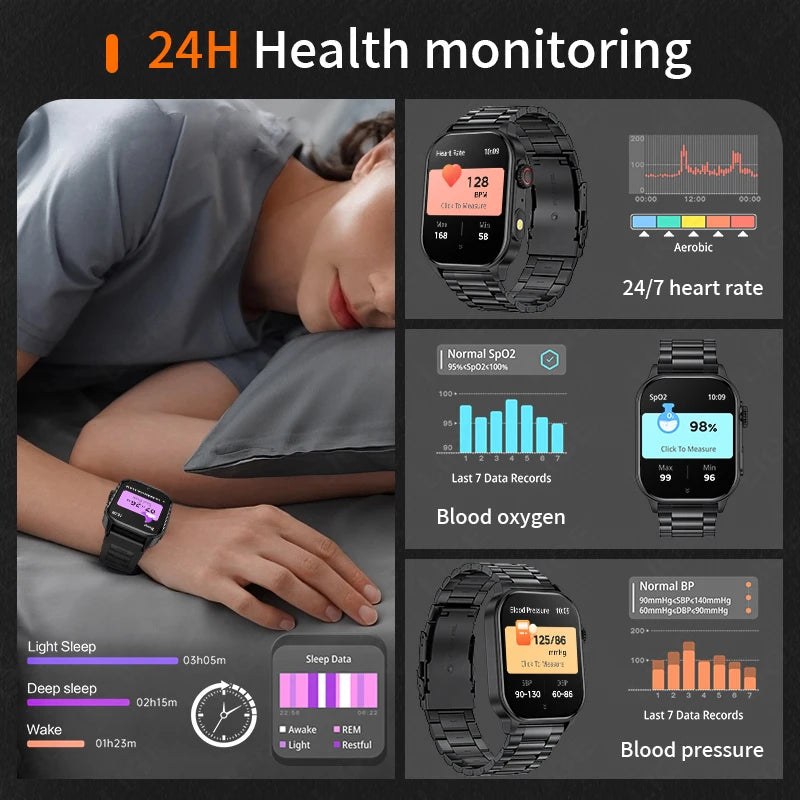LIGE New Smart Watch LED Flashlight Military Sport Watches 2.01'' Screen Health Monitor Bluetooth Call Waterproof Smartwatch Men