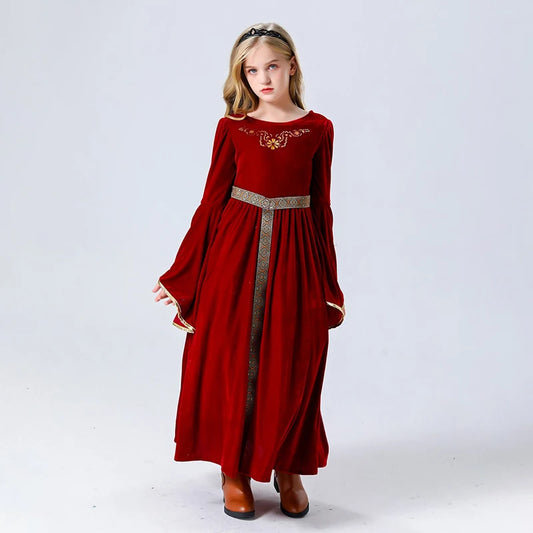 Vintage Style Halloween Costume Long Sleeve Princess Dress with Belt for Toddler Role-Playing Party Cosplay Outfit Retro