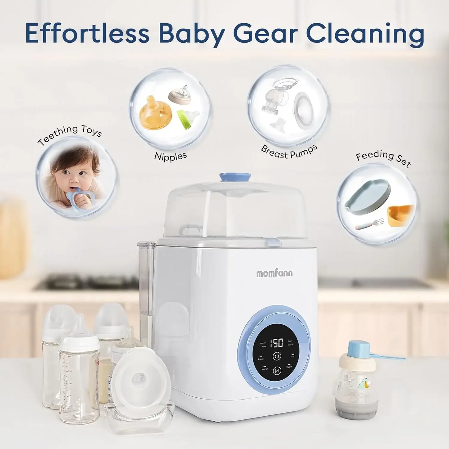 4 in 1 Baby Bottle Washer with 2 Wash Time, Baby Bottle Sterilizer and Dryer, Save time & Effort, Easy to Use, Blue