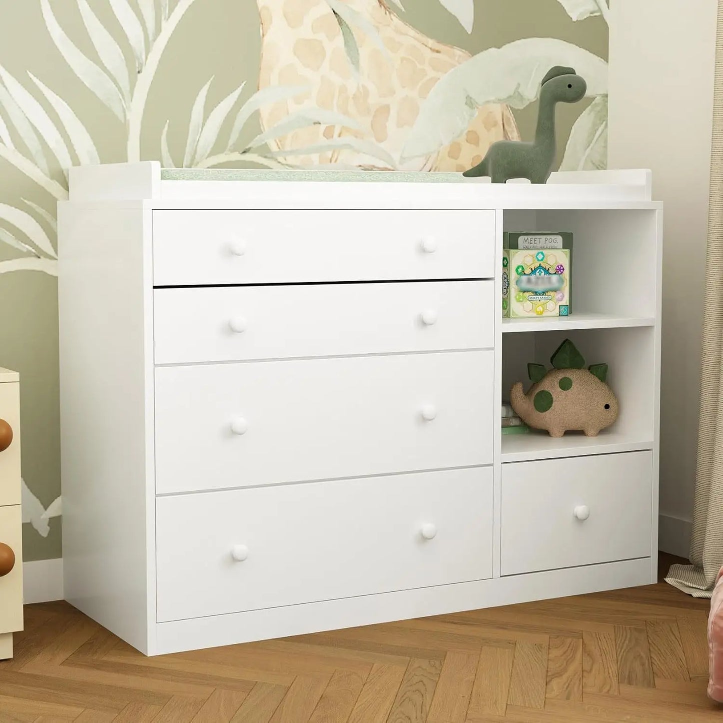 Changing Table Dresser, Baby Classic Nursery Dresser with 5 Drawers and 2 Shelves, Multi-Functional Baby Changing Table
