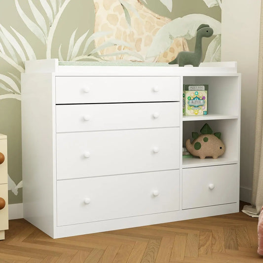 Changing Table Dresser, Baby Classic Nursery Dresser with 5 Drawers and 2 Shelves, Multi-Functional Baby Changing Table