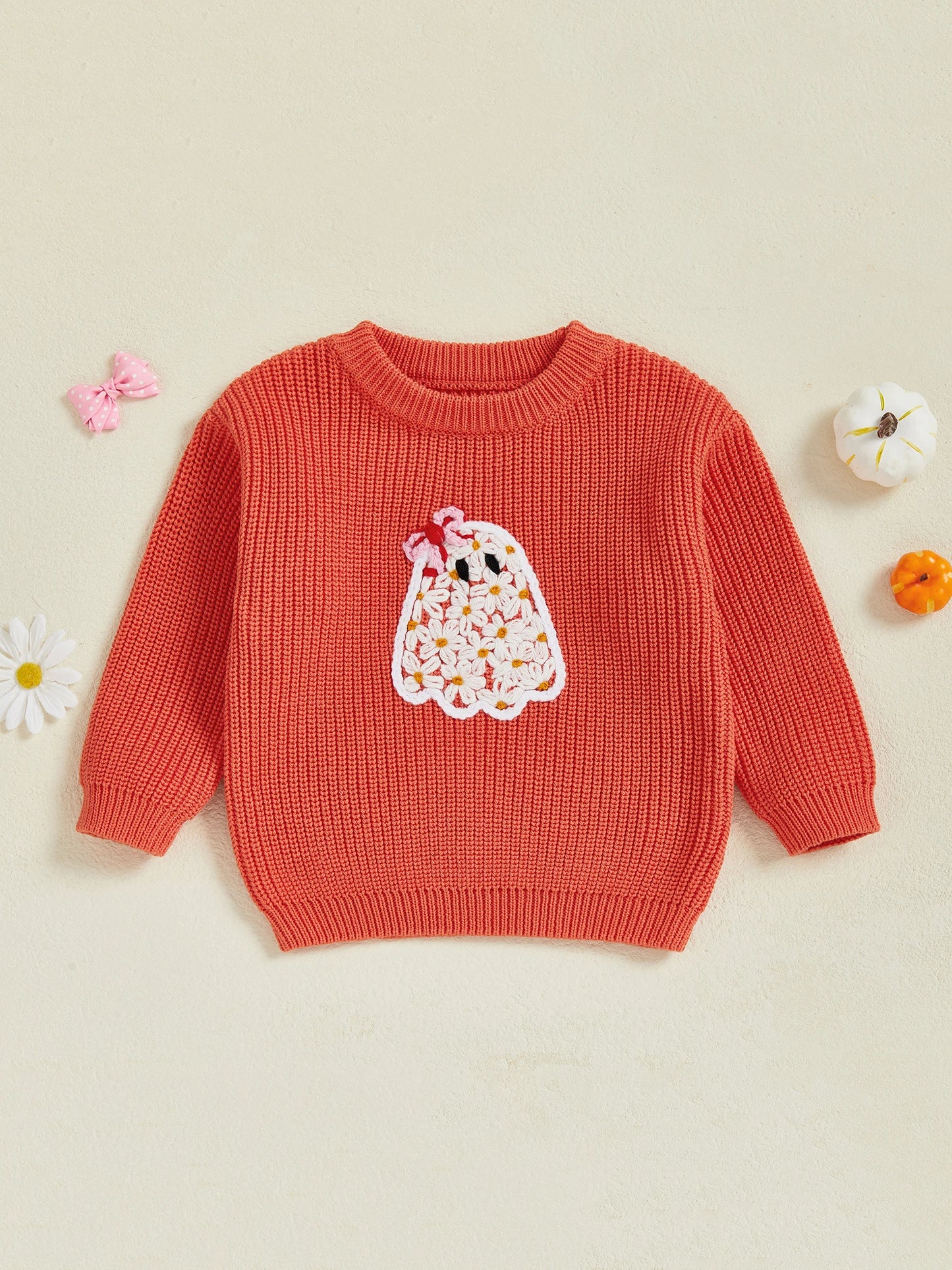 Adorable Infant Halloween Jumper with Spooky Pumpkin Patch Embroidery and Cozy Knit Design for Little Girls