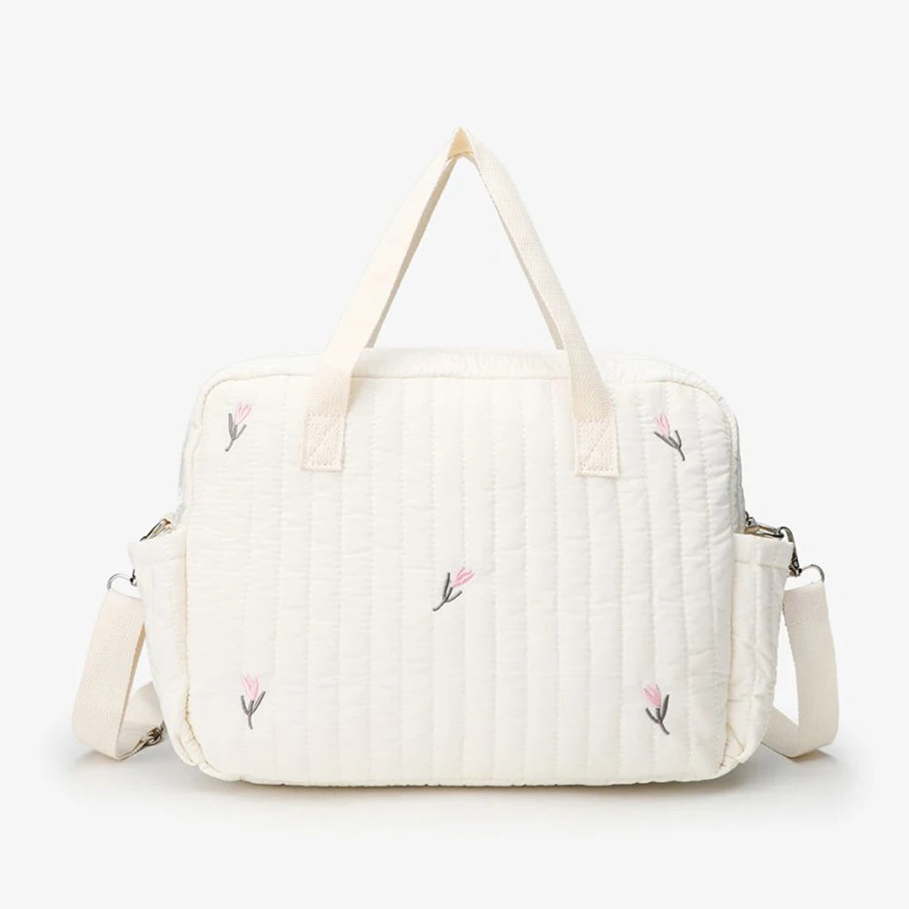 Bear/Flower Quilted Utility Tote Bag Multifunctional Travel Diaper Tote Adjustable Strap Crossbody Maternity Bag Luggage Bag