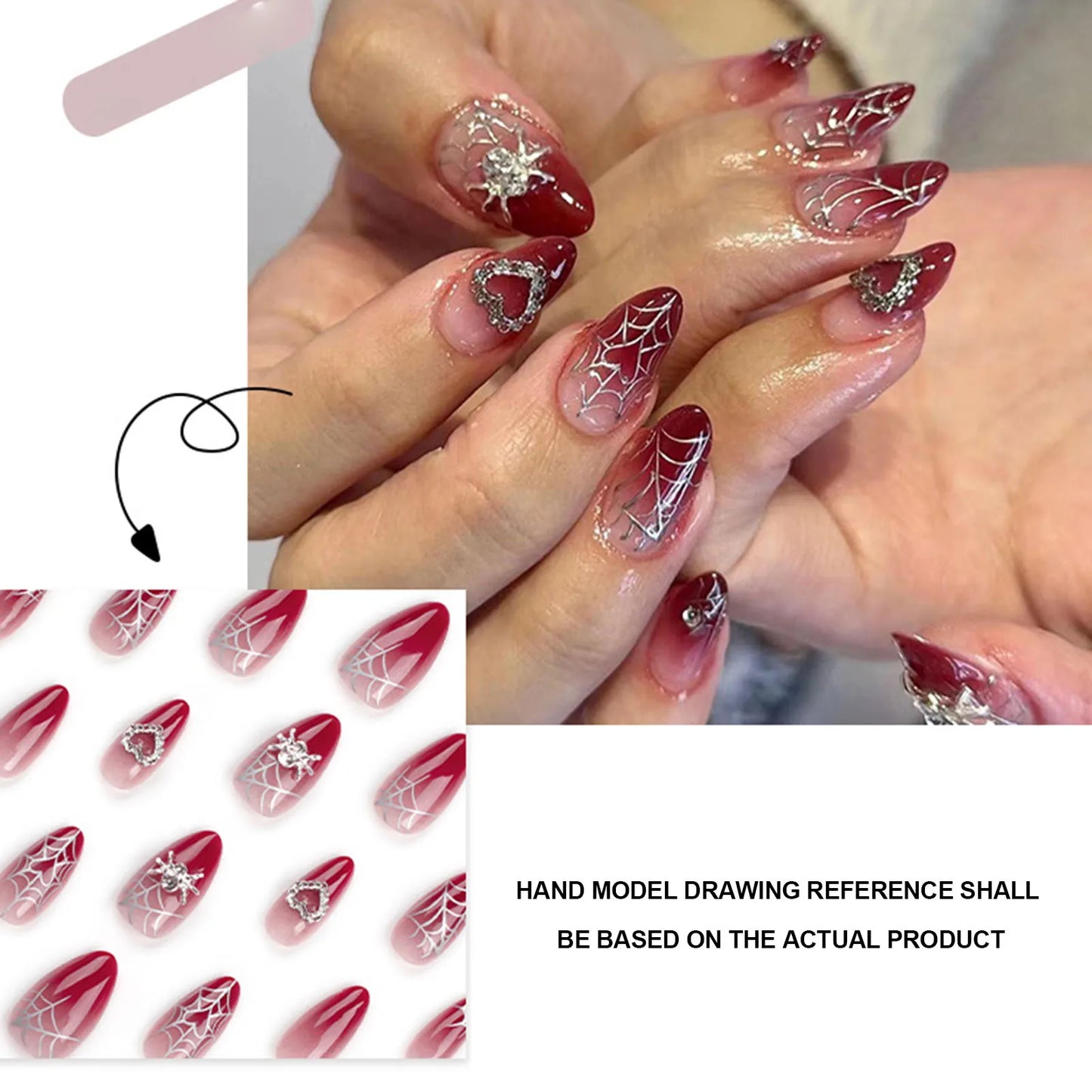 Almond Red Press-on Nail Silver Spiderweb Pattern Heart Decor Artificial Nail for Women and Girl Party Activity