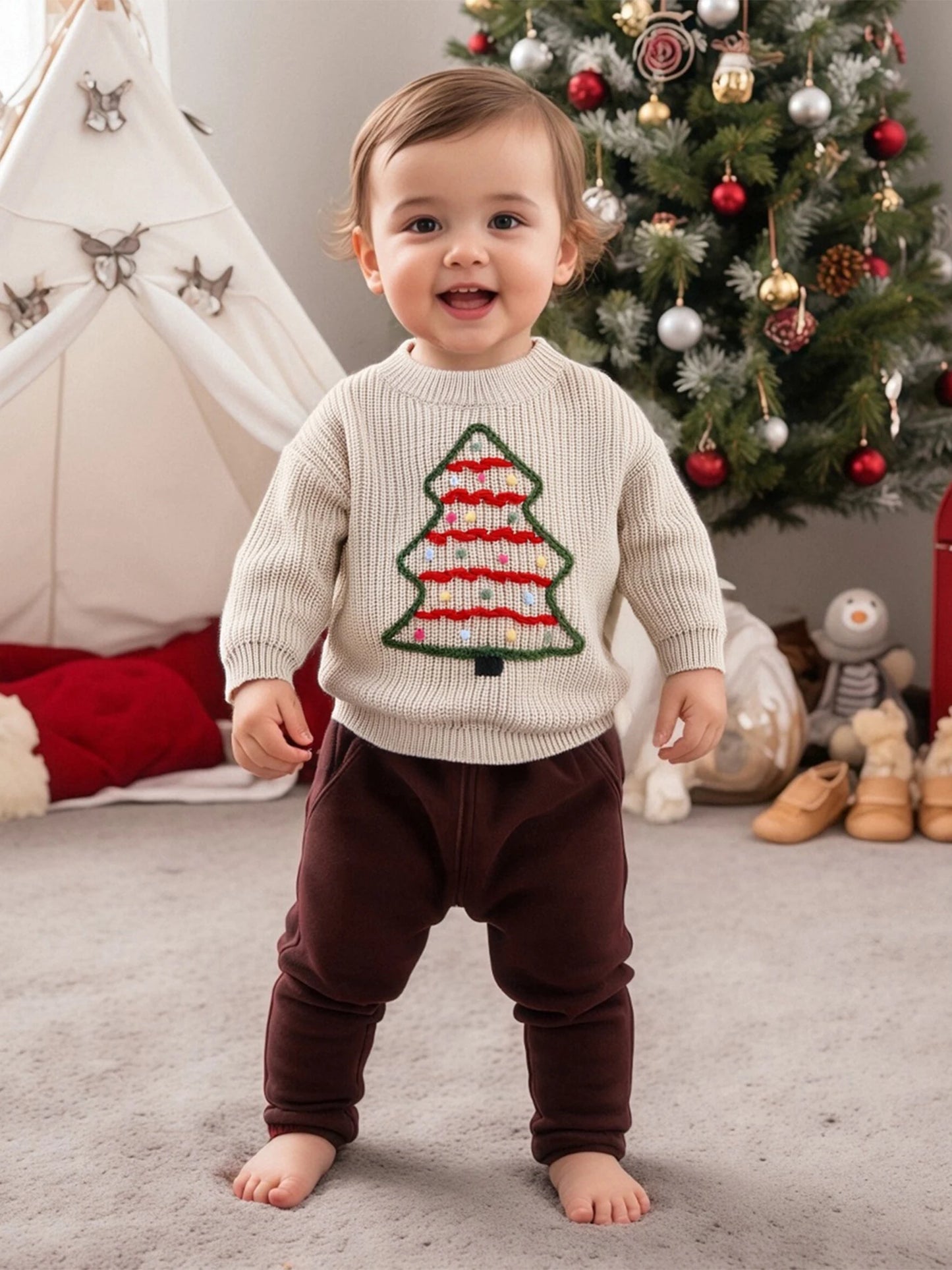Infant Holiday Reindeer Sweater Festive Snowflake Patterned Knit Pullover for Baby Boys and Girls in Winter Season