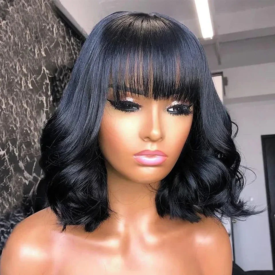 3x1 Middle Part Bob Wig for Black Women with Bangs 100% Remy Human Hair Body Wave Short Lace Frontal Fringe Realistic Scalp Wigs