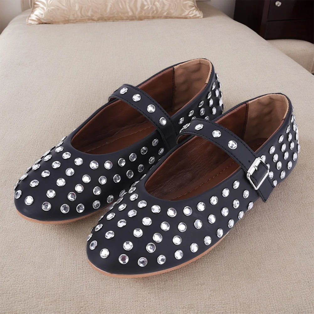 Women Crystal Ballerina Shoes with Buckle Strap Rhinestone Ballet Flats Mary Jane Flats Comfortable Female Casual Shoes