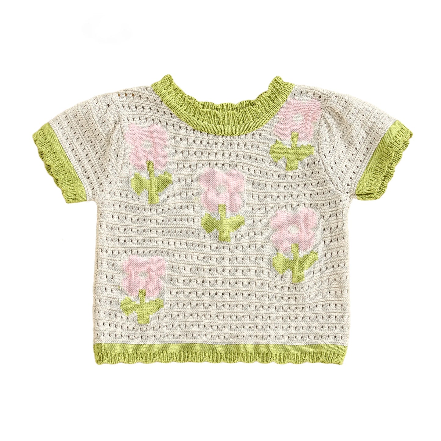 Girls Floral Print Knit Cutout T-Shirt with Round Neck and Short Sleeves - Stylish Summer Top for Toddler Girls