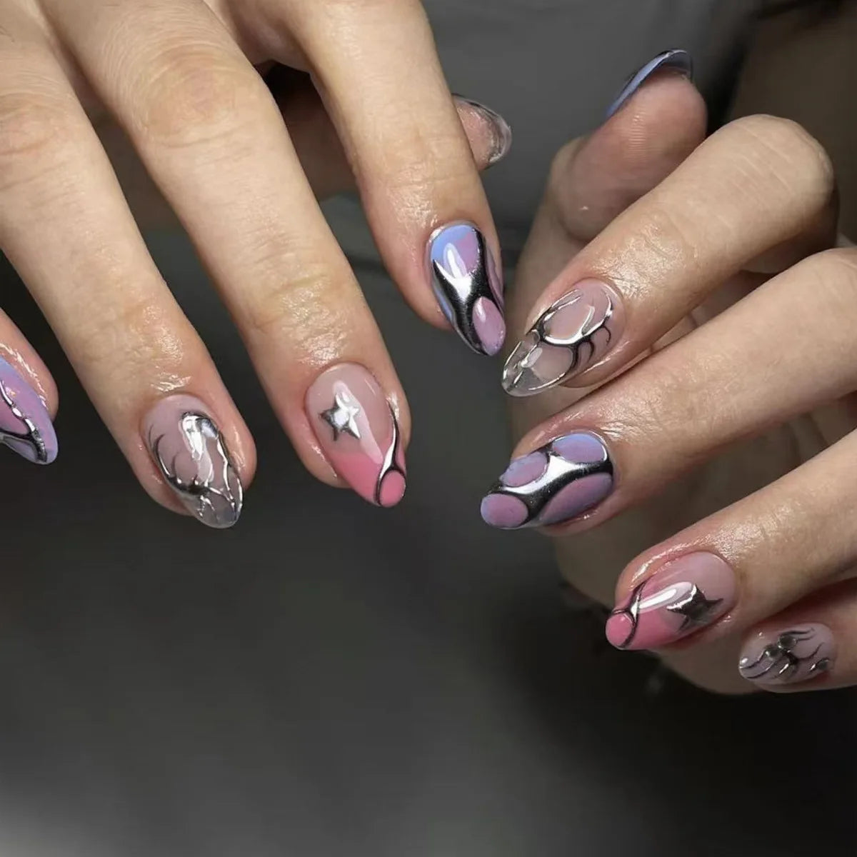 24Pcs False Nails Spicy Girl Silver Bow with Diamond Fake Nails with Glue Almond Press on Nails Black Cool Almond Nail Set