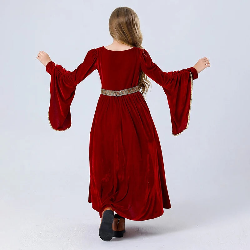 Vintage Style Halloween Costume Long Sleeve Princess Dress with Belt for Toddler Role-Playing Party Cosplay Outfit Retro