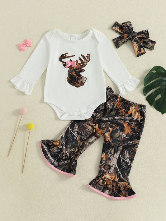 Toddler Girl Winter Outfit Elk Patterned Sweater Long Sleeve Top and Pants Set with Matching Headband 3 Piece Ensemble