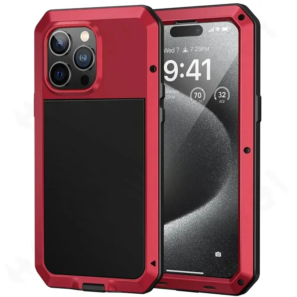 For iPhone 15 14 13 12 11 Pro Max XS XR 8 7 Plus Aluminum Metal Tank Case Heavy Duty Shockproof Rugged Armor Cover Screen Film