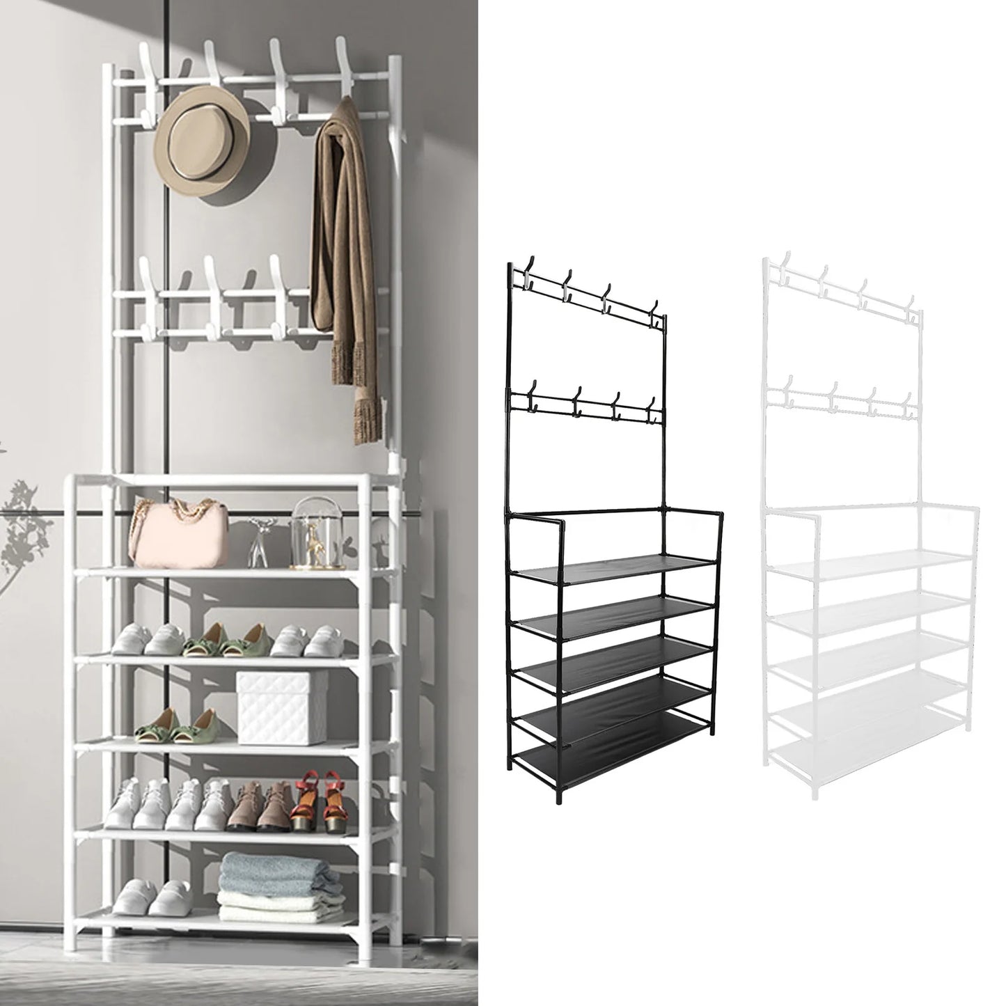 Coat Rack Stand Space Saving Freestanding Entryway Clothes Hanging Organizer Metal 2 In 1 Multifunction with Hooks for Office