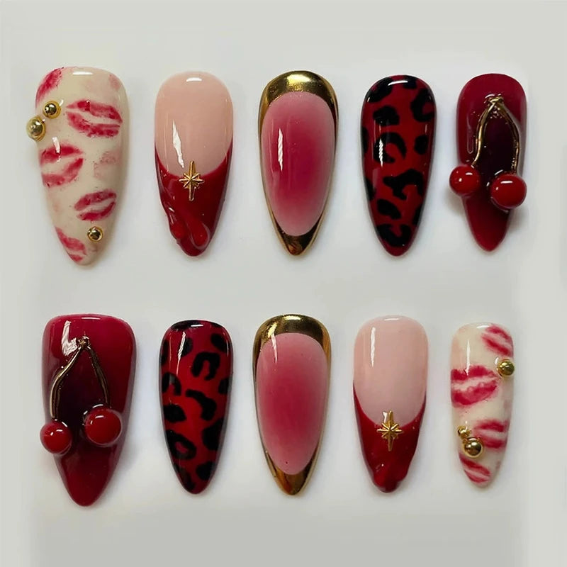 24Pcs False Nails Spicy Girl Silver Bow with Diamond Fake Nails with Glue Almond Press on Nails Black Cool Almond Nail Set