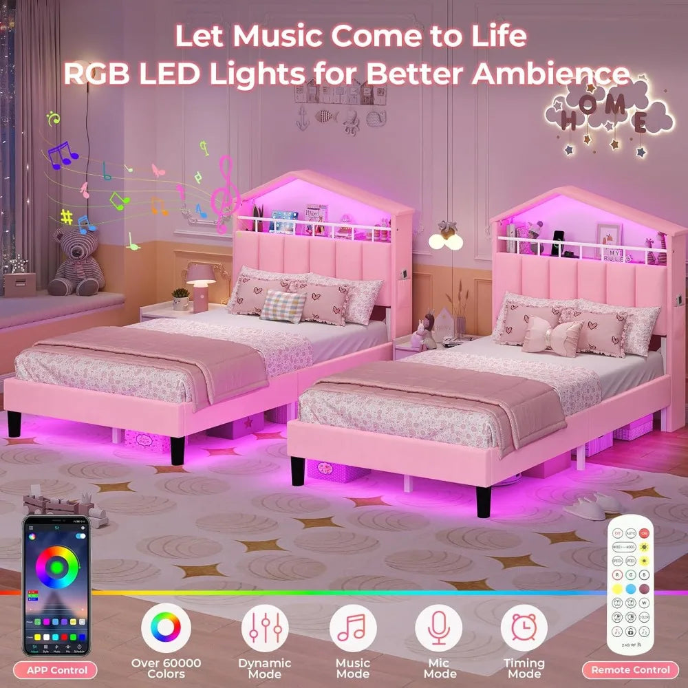 Twin Girls Bed Frame with LED Lights,Princess Velvet Upholstered Bed,Platform Bed for Girls,Led Bed Frame Twin, Headboard with
