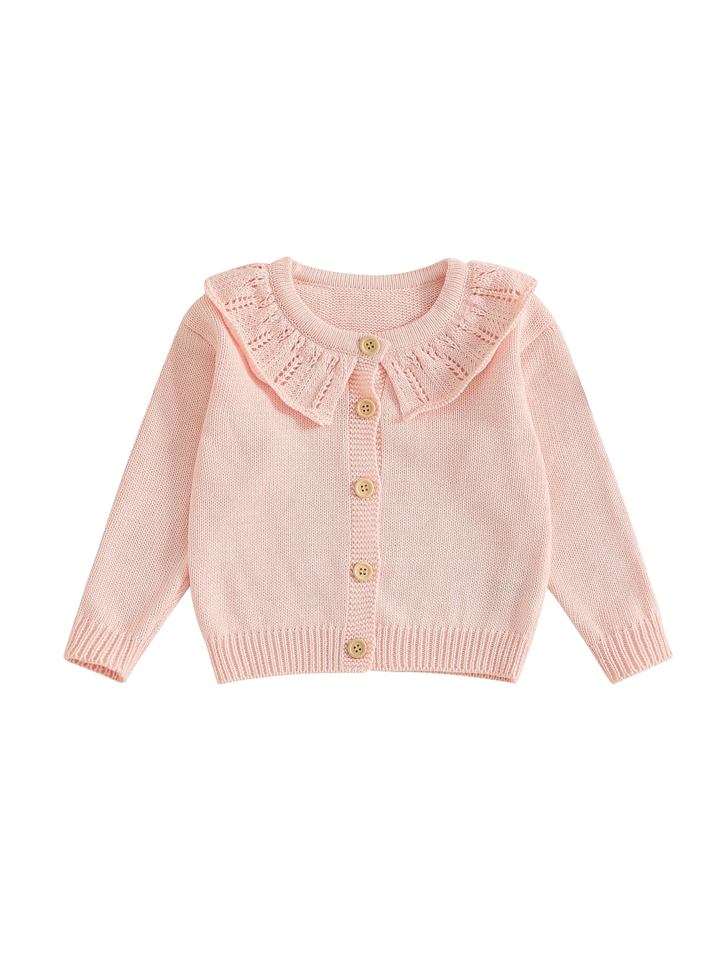 Infant Girls Knitted Sweater with Ruffled Crew Neck Long Sleeves and Button Closure - Solid Color Cardigan