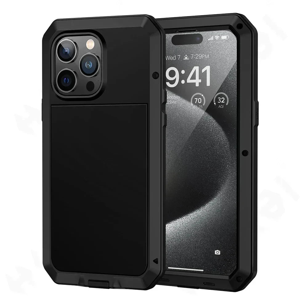 For iPhone 15 14 13 12 11 Pro Max XS XR 8 7 Plus Aluminum Metal Tank Case Heavy Duty Shockproof Rugged Armor Cover Screen Film