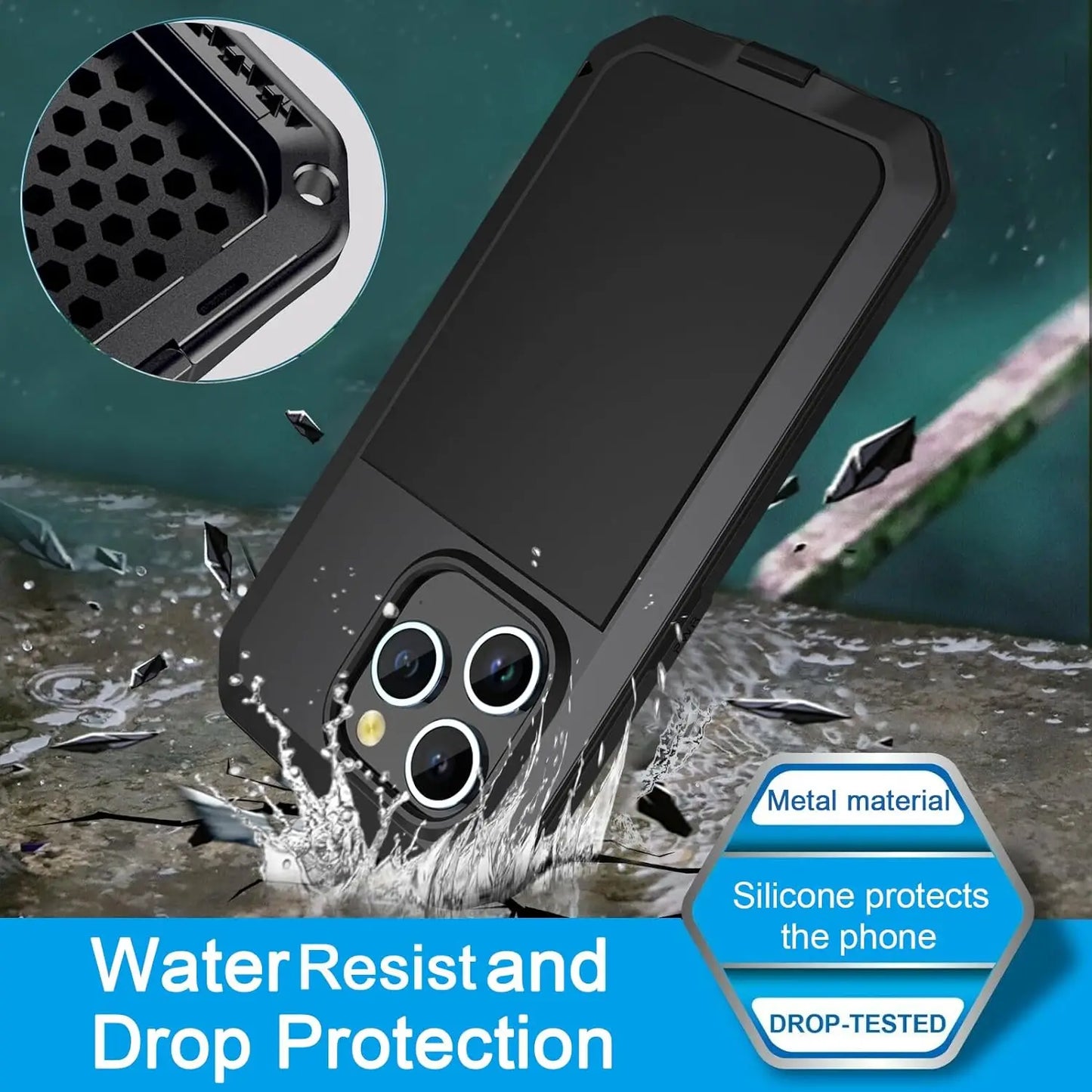 For iPhone 15 14 13 12 11 Pro Max XS XR 8 7 Plus Aluminum Metal Tank Case Heavy Duty Shockproof Rugged Armor Cover Screen Film