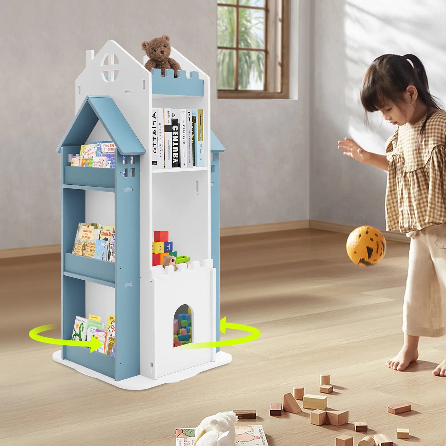 Rotating Children's Bookshelf, Book Display Shelf, Floor Standing Bookshelf Blue