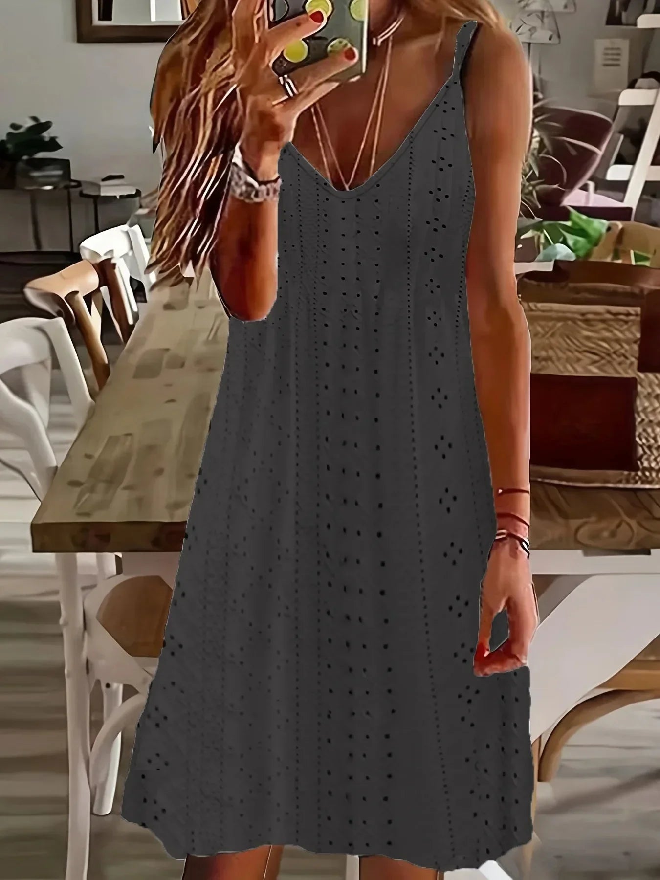 Plus Size Europe and the United States  Women's Summer New Cutout Jacquard V-Neck Strap Solid Color Dress