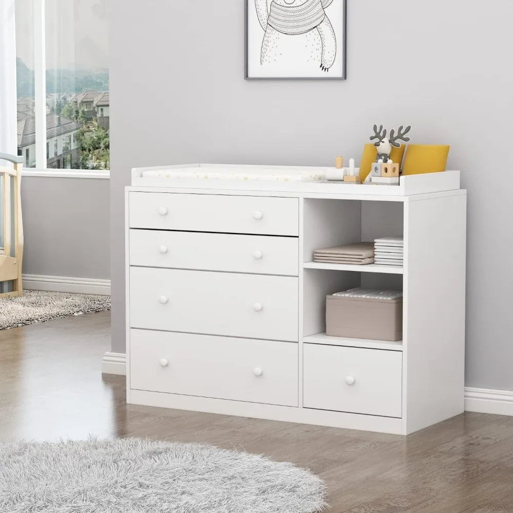 Baby Nursery Dresser, White Bedroom Dresser with 5 Drawers & Storage Shelves, Wood Chest of Drawers Nursery Storage Kids