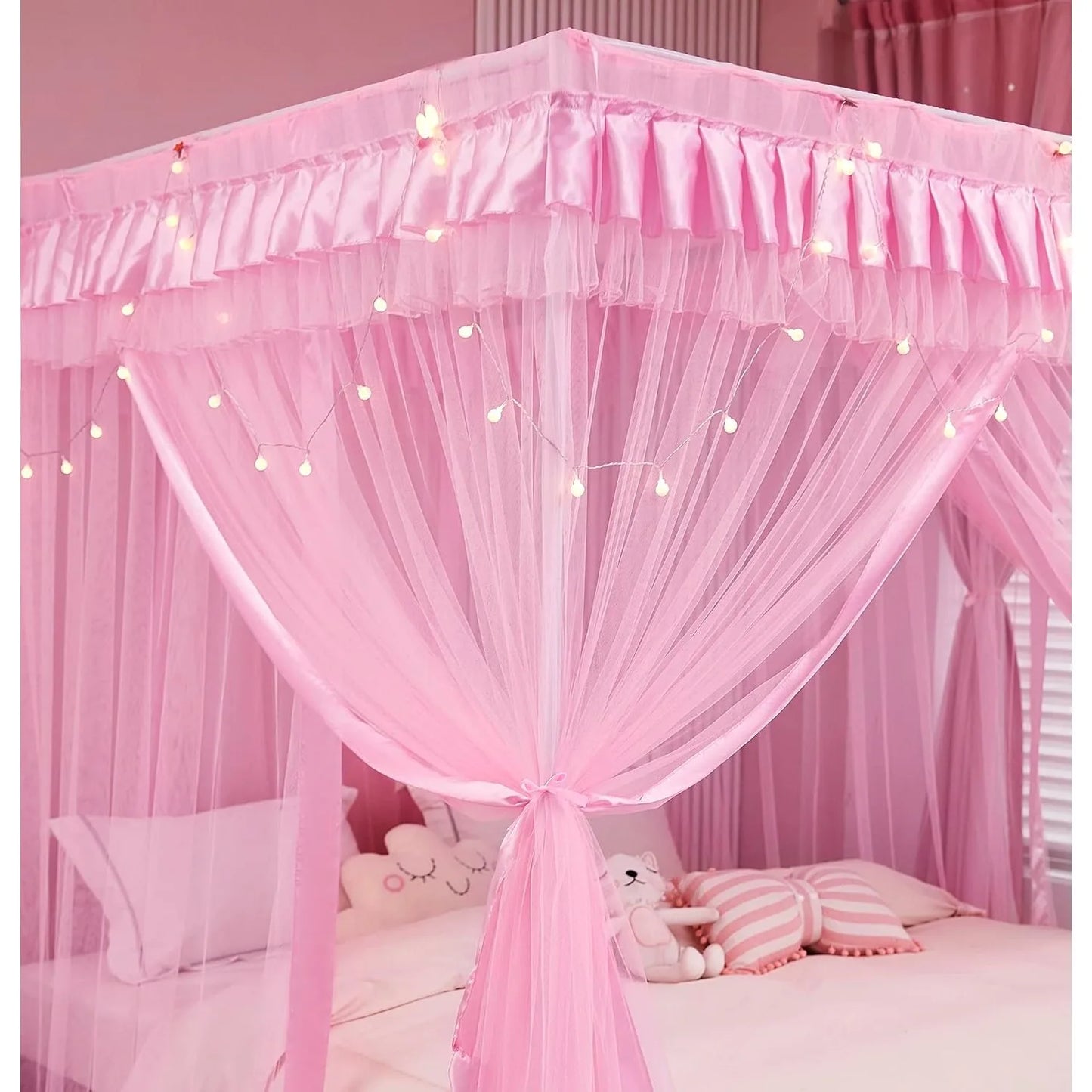 4-point canopy bed curtains, suitable for girls in full size - curtain bed frame, cute princess bedroom decoration (pink)
