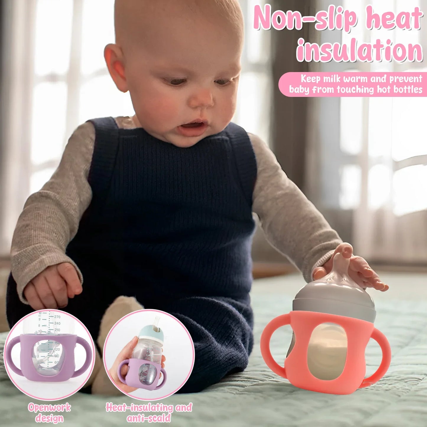 6Pcs Silicone Sleeves Silicone Baby Bottle Cover with Handle Anti Slip Heat Resistant Glass Bottle Sleeve 120/240ml Bottle Cover