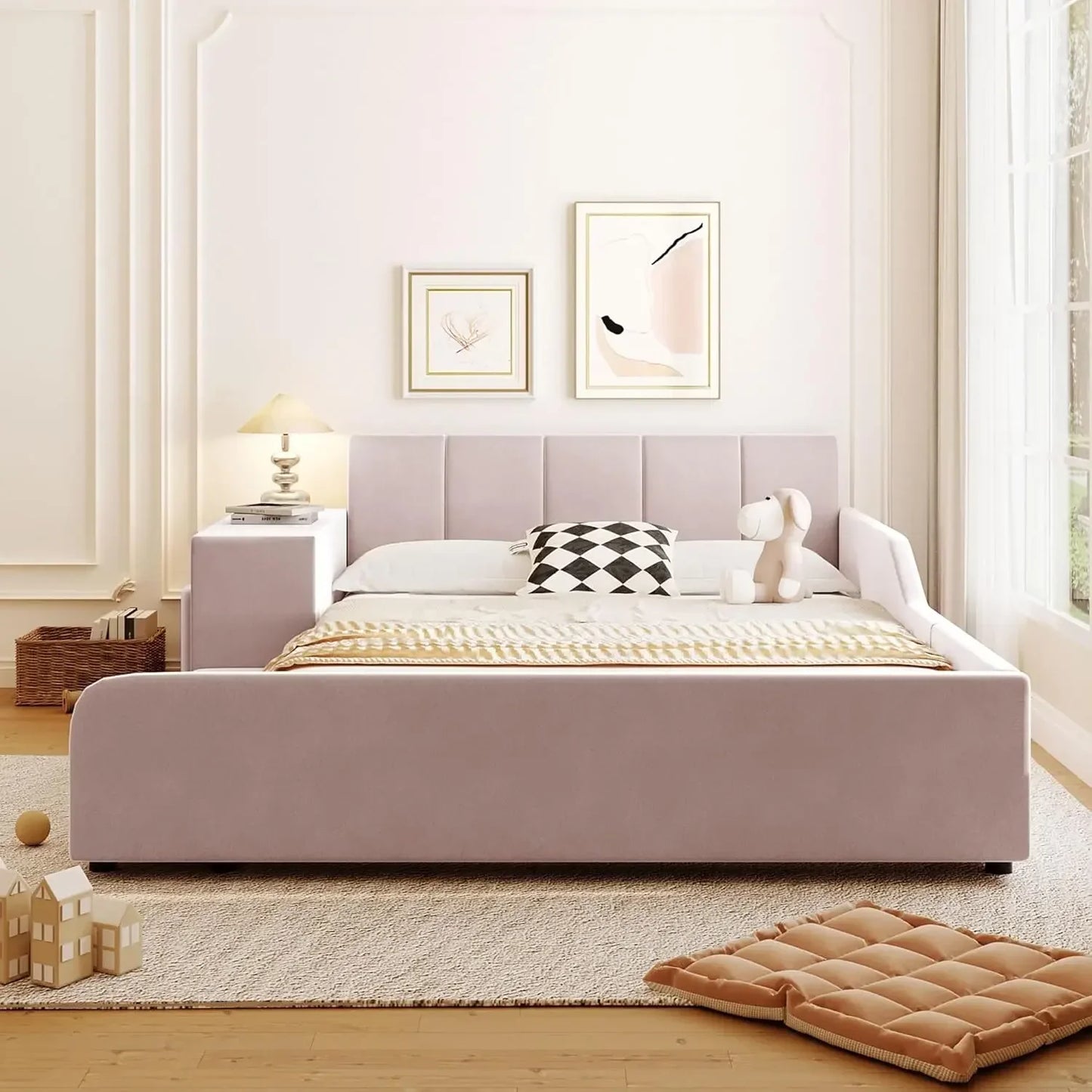 Velvet Upholstered Grounded Bed Platform Bed, Wooden Full Size Mother & Child Bed Frame with Bedside Desk and Little Round Stool