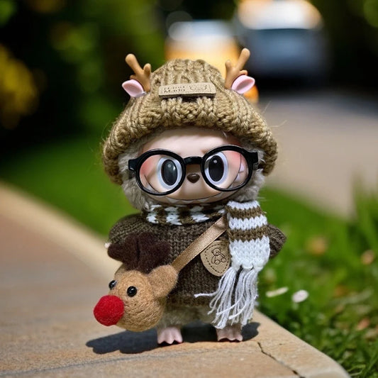 Mini Doll Outfit Cute Plush Sweater Reusable Cotton Elk Coat Cherry Pleated Skirt Hairpin Set for Baby Kid DIY Creative Toy
