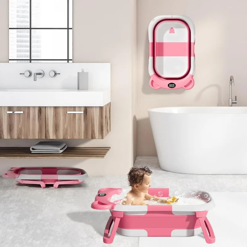 Collapsible Baby Bathtub for Newborn with Thermometer & 1 Hooded Towel & 1 Soft Floating Cushion,Portable Travel Bathtu
