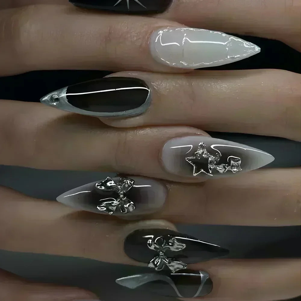 24Pcs False Nails Spicy Girl Silver Bow with Diamond Fake Nails with Glue Almond Press on Nails Black Cool Almond Nail Set
