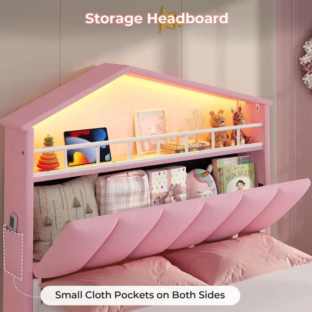 Twin Girls Bed Frame with LED Lights,Princess Velvet Upholstered Bed,Platform Bed for Girls,Led Bed Frame Twin, Headboard with