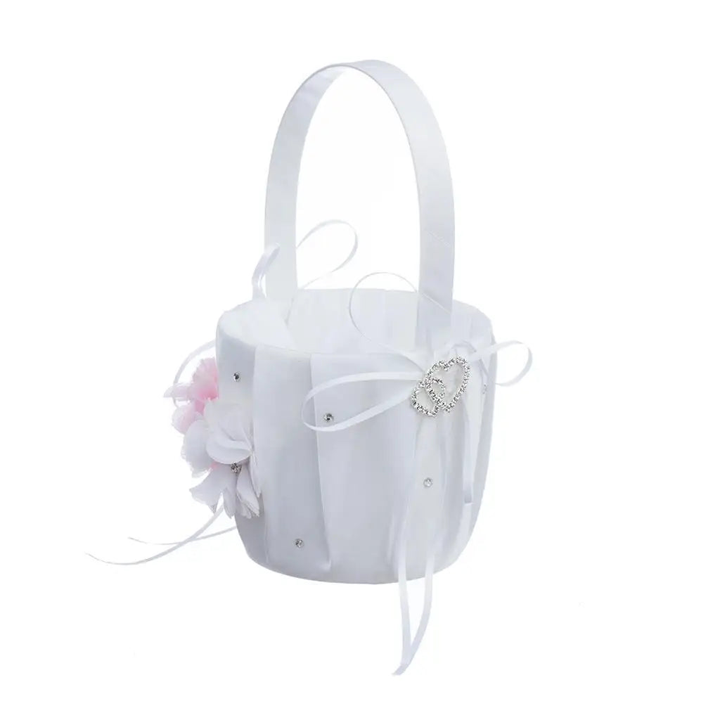 Wedding Bowknot Faux Pearl Flower Girl Basket With Heart Shape Decor Pink