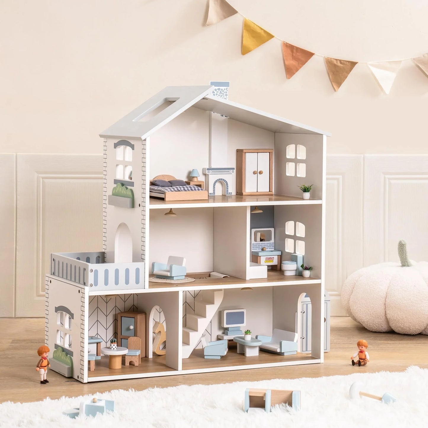 Robotime Robud Wooden Dollhouse 6 Rooms 29 Realistic Accessories 4-6" Dolls Nordic Style Kids Toddlers Gift Ages 3+