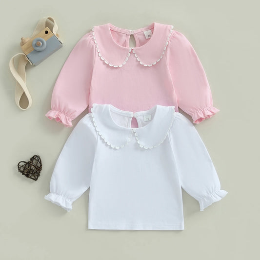 Autumn Kids Toddler Girls Fall T-Shirt Solid Doll Collar Long Sleeve Loose Fit Tops Spring Clothes