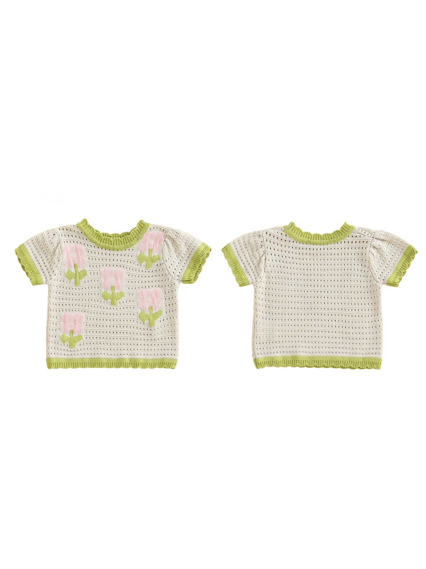 Girls Floral Print Knit Cutout T-Shirt with Round Neck and Short Sleeves - Stylish Summer Top for Toddler Girls