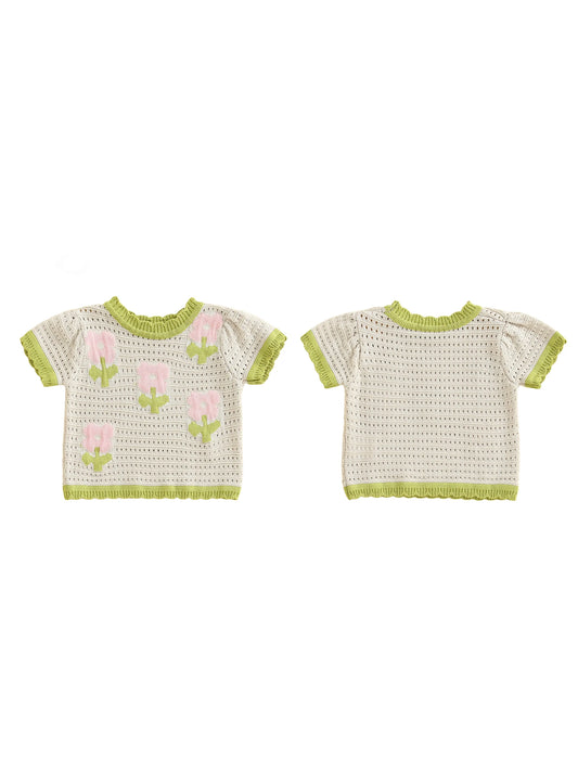 Girls Floral Print Knit Cutout T-Shirt with Round Neck and Short Sleeves - Stylish Summer Top for Toddler Girls