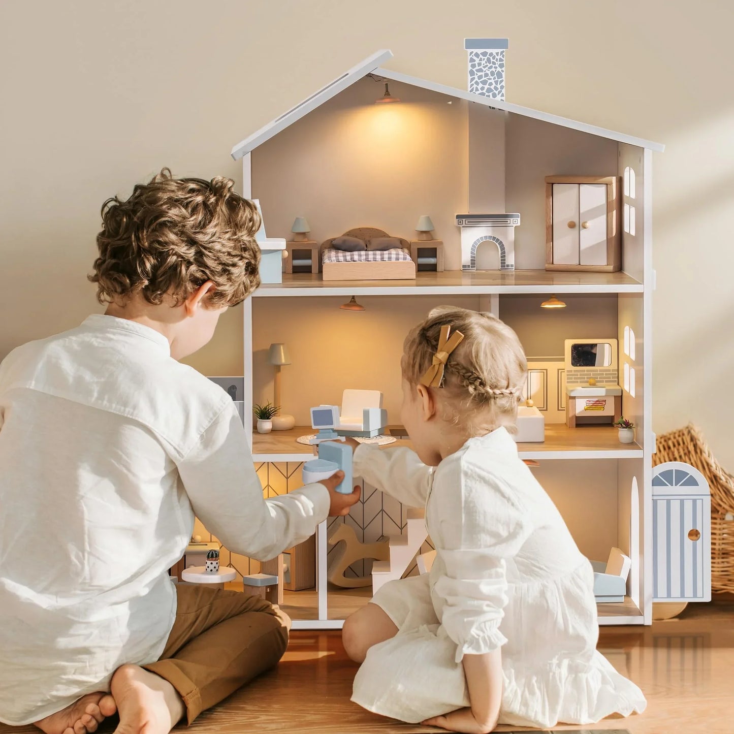 Robotime Robud Wooden Dollhouse 6 Rooms 29 Realistic Accessories 4-6" Dolls Nordic Style Kids Toddlers Gift Ages 3+