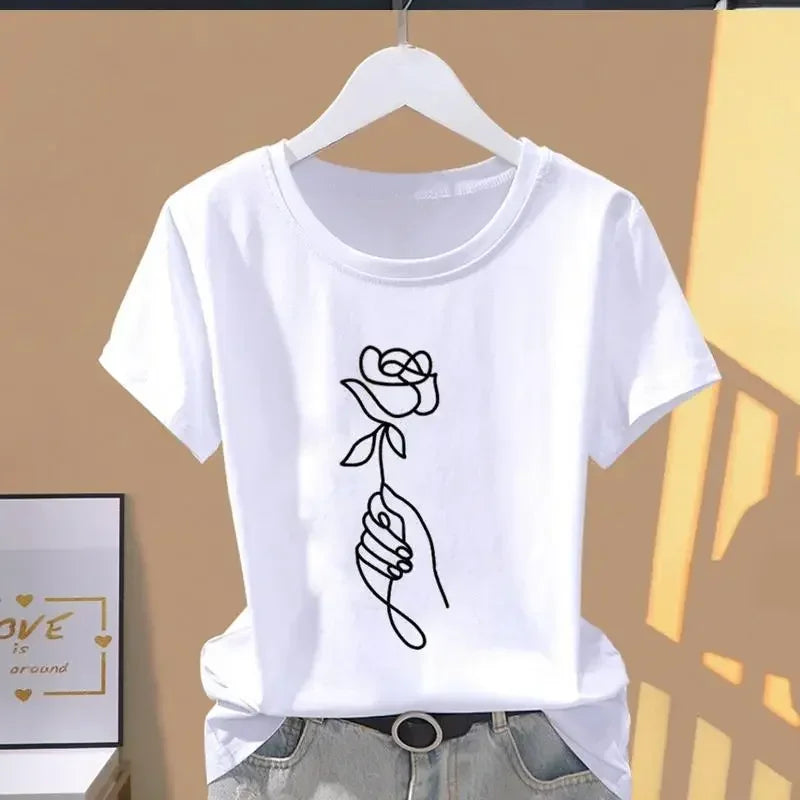 90s Women Print Floral Sports Fashion Casual Explosive Short Sleeve T-shirt Graphic Tshirts  Women Clothes  T Shirt