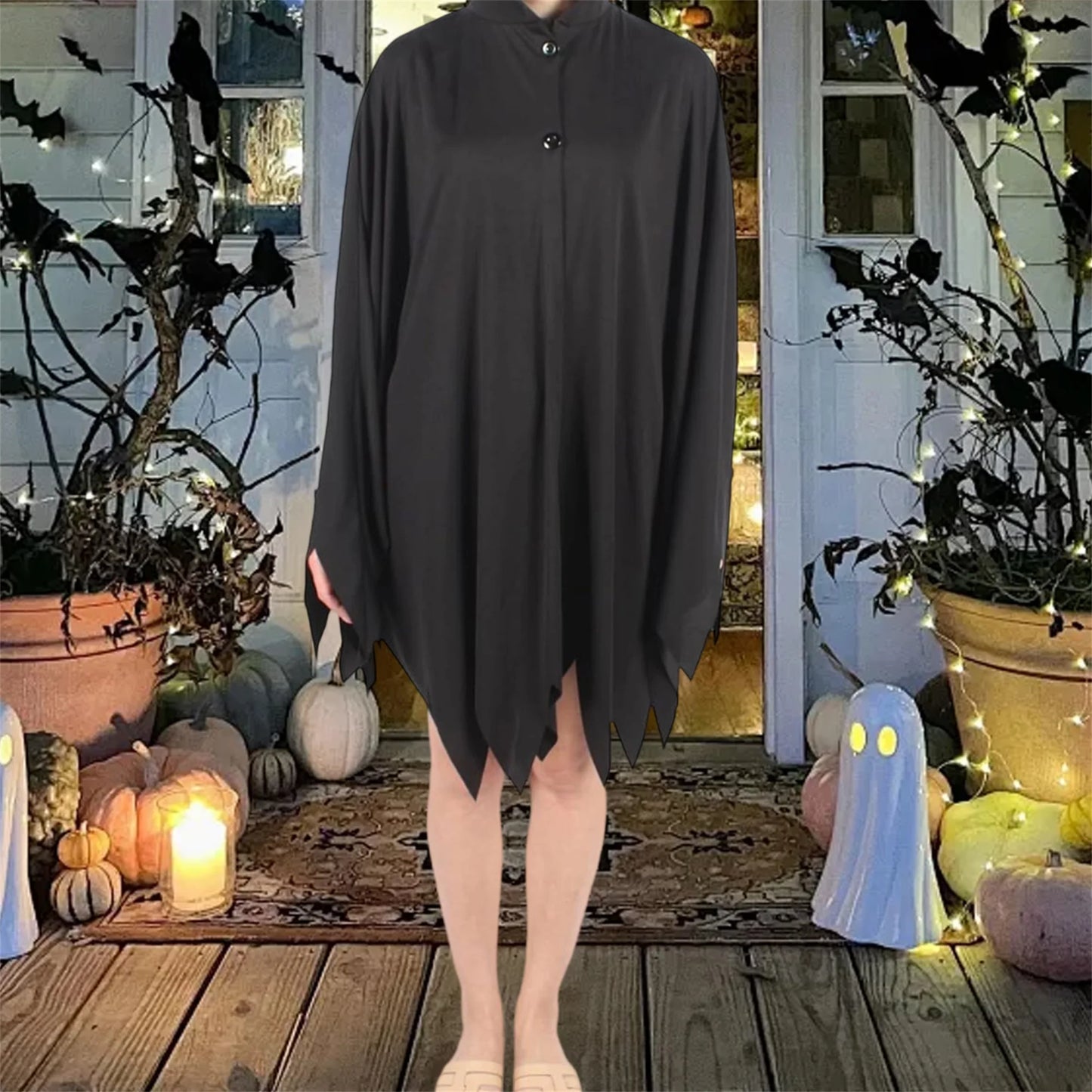Black Gothic Hooded Cloak for Adults Halloween Costume Unisex Cosplay Cape with Mothman Design for Men and Women