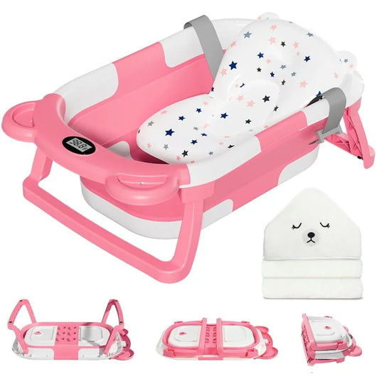 Collapsible Baby Bathtub for Newborn with Thermometer & 1 Hooded Towel & 1 Soft Floating Cushion,Portable Travel Bathtu