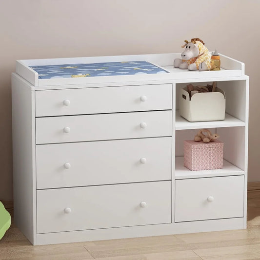 Baby Nursery Dresser, White Bedroom Dresser with 5 Drawers & Storage Shelves, Wood Chest of Drawers Nursery Storage Kids