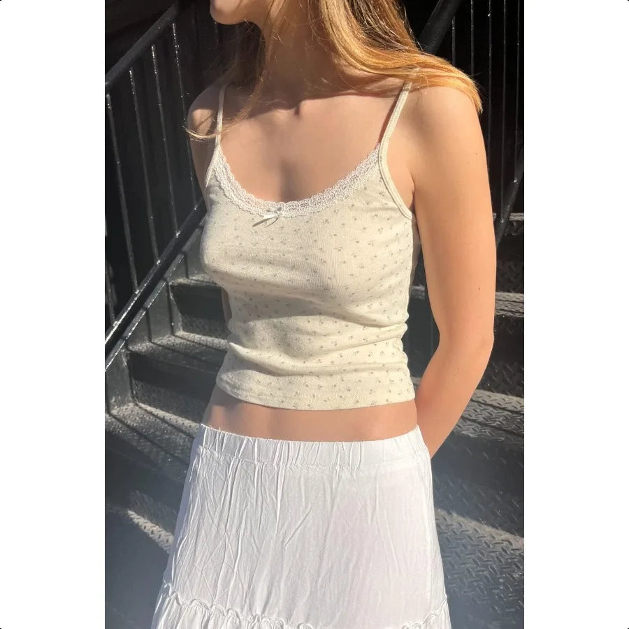 Women Y2k Floral Print Camisole Fairy Cute Lace Trim Spaghetti Strap Crop Top  Summer Vest Tank Top Streetwear