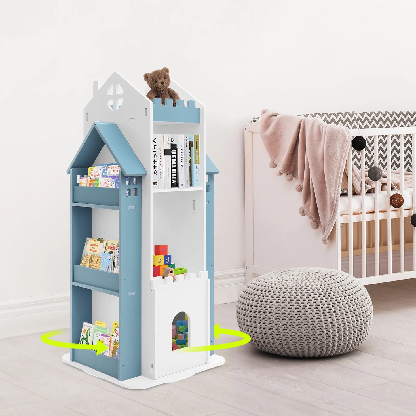 Rotating Children's Bookshelf, Book Display Shelf, Floor Standing Bookshelf Blue