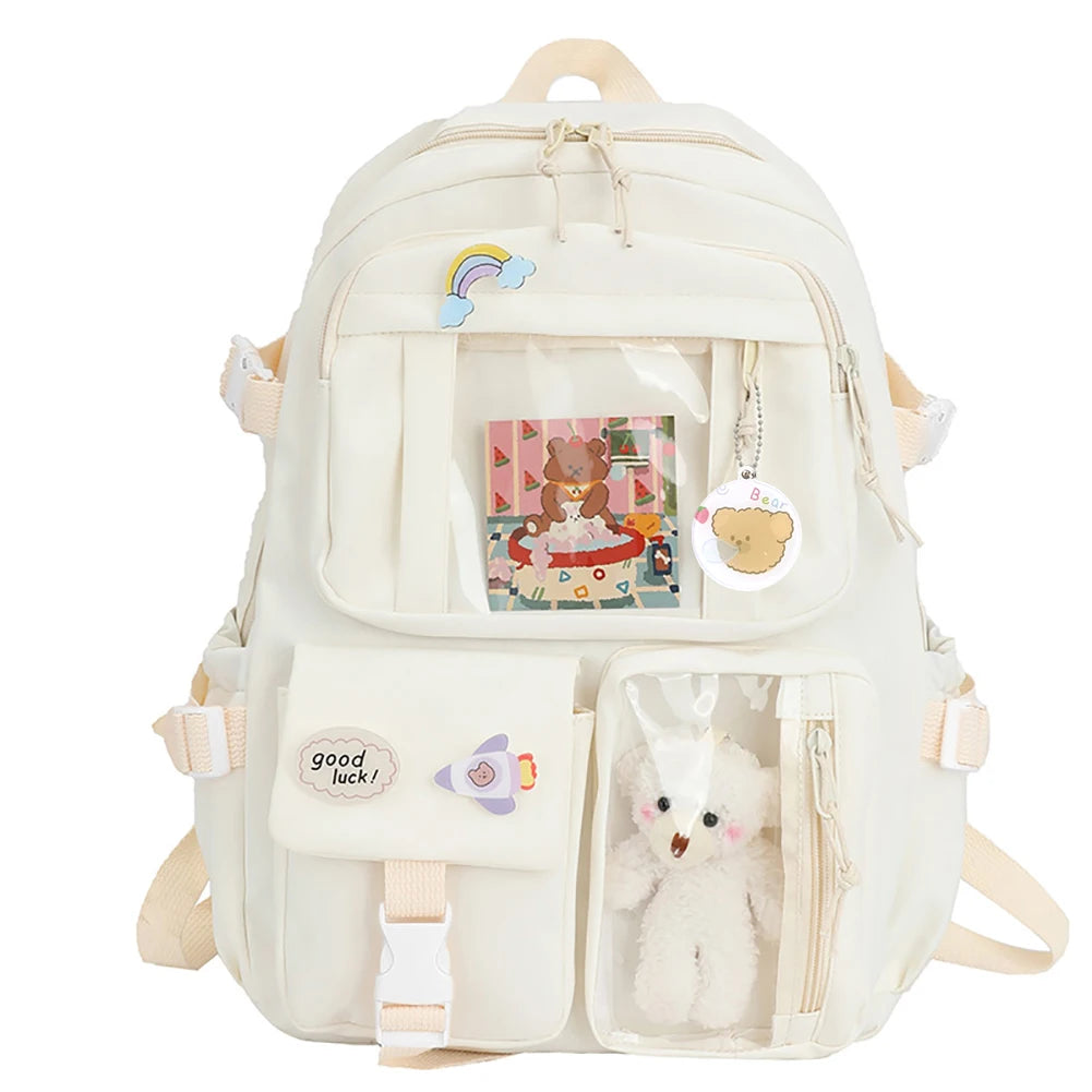 Sports Knapsack Fashion College Student Rucksack with Plush Pendant Pin Cute Kawaii Large Capacity Japanese Style for Teen Girls